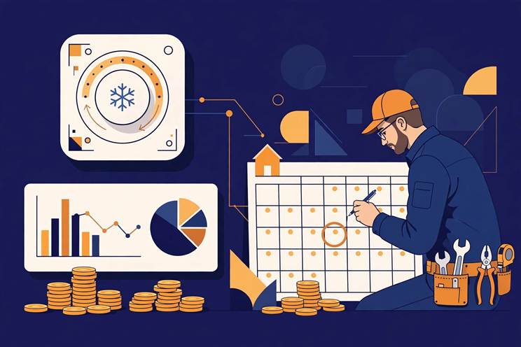HVAC contractor planning his seasonal marketing budget beside a thermostat and cost charts.