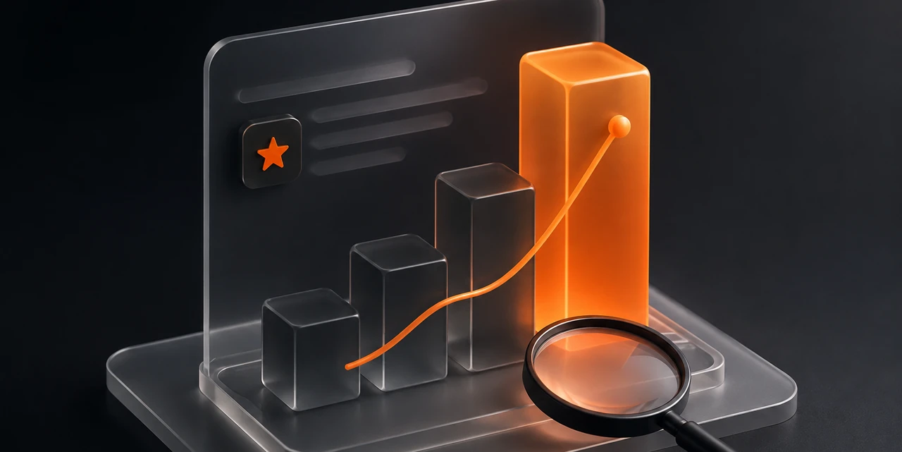 A rising bar chart on glass with one bar lit orange, inspected through a magnifier