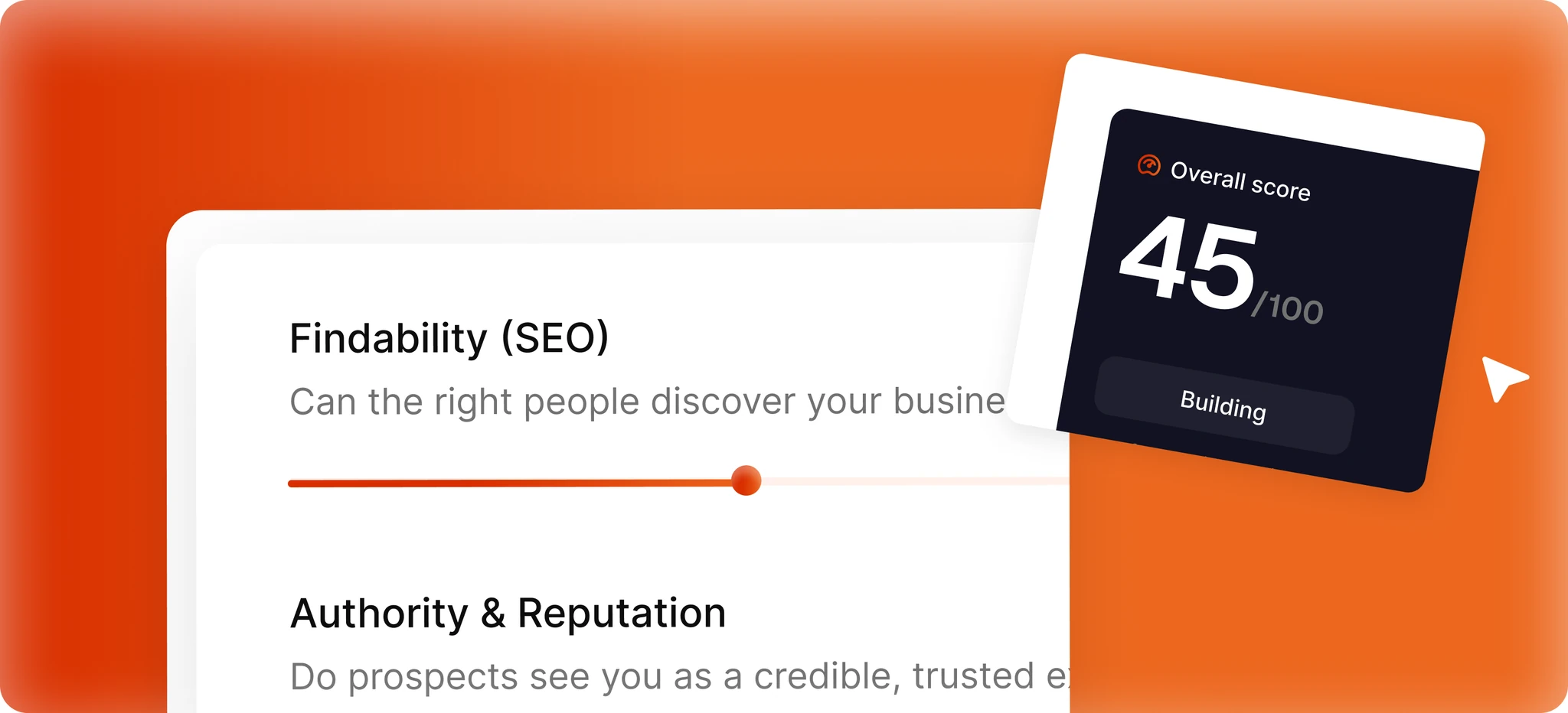 The scorecard rating findability and authority, with an overall score of 45 out of 100